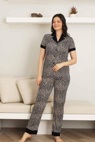 Leopar desenli Kadın Pijama Takımı - Bambu Likralı Kumaş  Önden düğmeli Kısa Kol 2719KY
