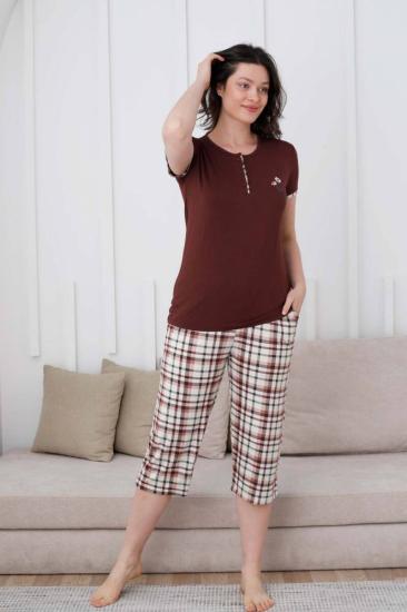 Ekoseli Kadın Pijama Takımı - Kahverengi Nakışlı Likralı Bermuda 2834B