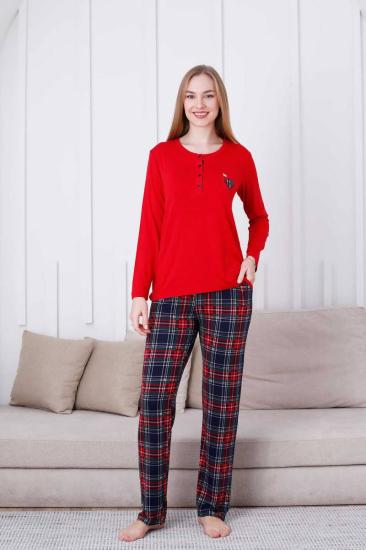 Ekoseli Kadın Pijama Takımı - Kırmızı  Kareli Nakışlı Likralı Viskon Uzun Kol 2835UY
