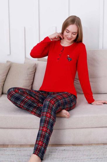 Ekoseli Kadın Pijama Takımı - Kırmızı  Kareli Nakışlı Likralı Viskon Uzun Kol 2835UY