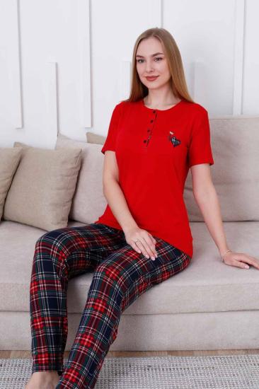 Ekoseli Kadın Pijama Takımı - Kırmızı  Kareli Nakışlı Likralı Viskon Kısa Kol 2835KY