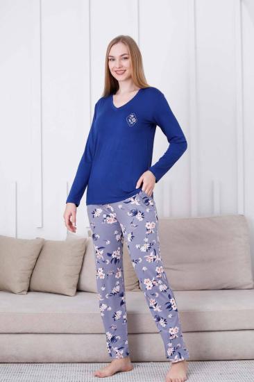 Çiçek Desenli Kadın Pijama Takımı - V Yaka Likralı Viskon Uzun Kollu 2837UY