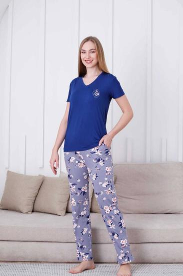 Çiçek Desenli Kadın Pijama Takımı - V Yaka Likralı Viskon Kısa Kollu 2837KY