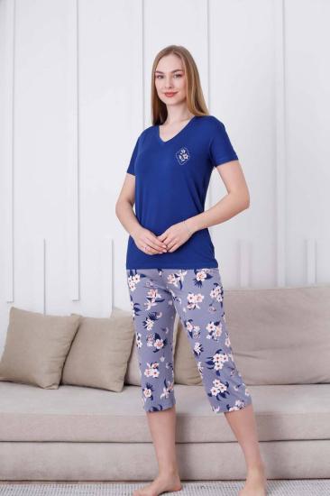 Çiçek Desenli Kadın Pijama Takımı - V Yaka Likralı Viskon Bermuda 2837B