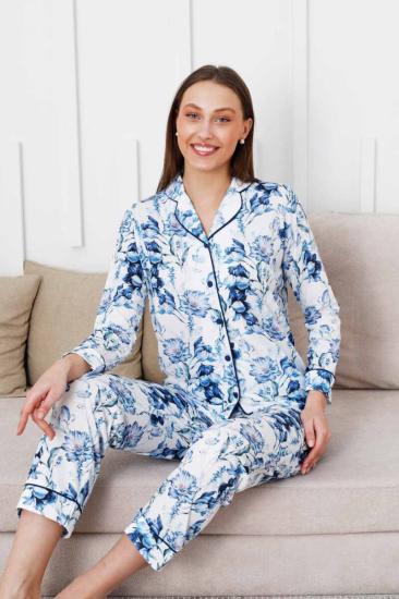 Çiçek Desenli Kadın Pijama Takımı - Boydan Düğmeli Likralı Viskon  2836UY