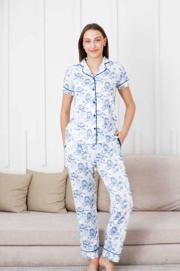 Çiçek Desenli Kadın Pijama Takımı - Boydan Düğmeli Likralı Viskon  2836KY
