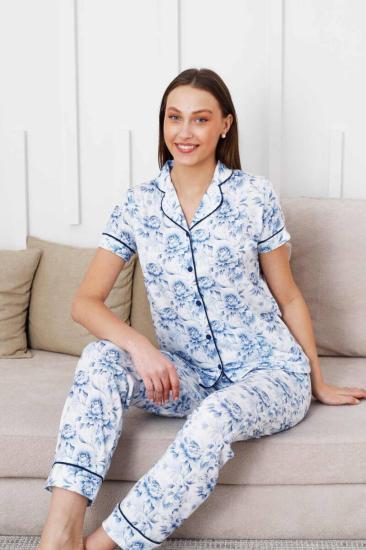 Çiçek Desenli Kadın Pijama Takımı - Boydan Düğmeli Likralı Viskon  2836KY