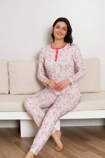 Çiçek Desenli Kadın Pijama Takımı - 3 Düğmeli Uzun Kol Likralı Viskon  2845UY