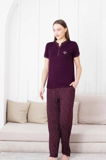 Nakışlı Kadın Pijama Takımı - 3 Düğmeli Kısa Kol Likralı Bambu Viskon  2838KY