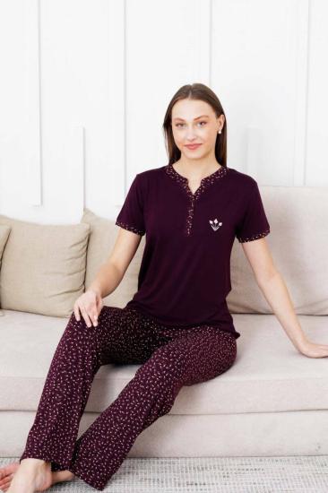 Nakışlı Kadın Pijama Takımı - 3 Düğmeli Kısa Kol Likralı Bambu Viskon  2838KY