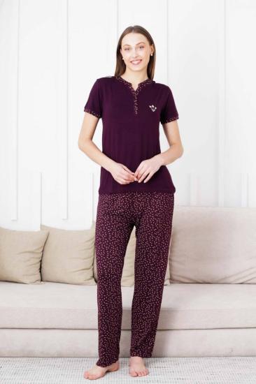 Nakışlı Kadın Pijama Takımı - 3 Düğmeli Kısa Kol Likralı Bambu Viskon  2838KY