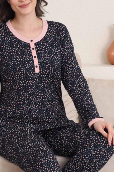 Çiçek Desenli Kadın Pijama Takımı - 3 Düğmeli Uzun Kol Likralı Viskon  2839UY