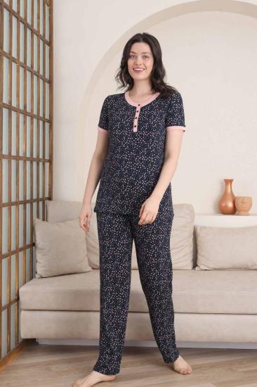 Çiçek Desenli Kadın Pijama Takımı - 3 Düğmeli Kısa Kol Likralı Viskon  2839KY