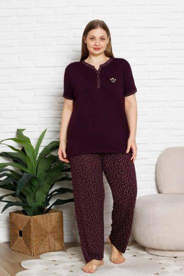 Nakışlı Kadın Pijama Takımı - Büyük Beden Kısa Kol Likralı Bambu Viskon  2838KYB