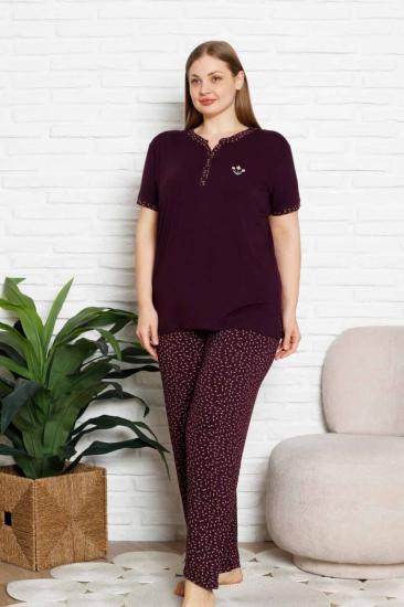 Nakışlı Kadın Pijama Takımı - Büyük Beden Kısa Kol Likralı Bambu Viskon  2838KYB