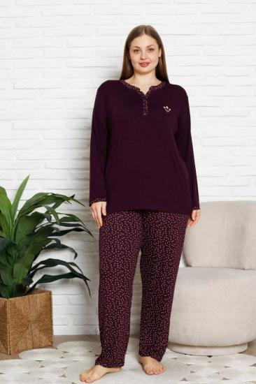 Nakışlı Kadın Pijama Takımı - Büyük Beden Uzun Kol Likralı Bambu Viskon  2838UYB