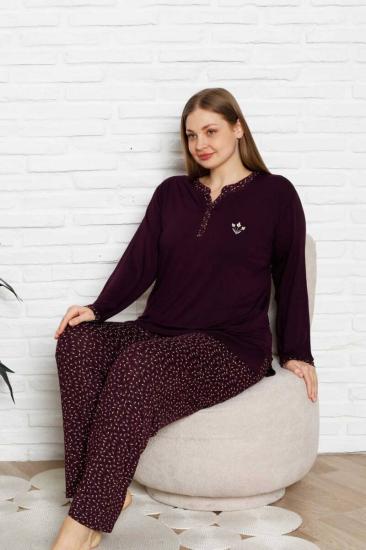 Nakışlı Kadın Pijama Takımı - Büyük Beden Uzun Kol Likralı Bambu Viskon  2838UYB