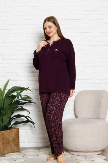 Nakışlı Kadın Pijama Takımı - Büyük Beden Uzun Kol Likralı Bambu Viskon  2838UYB