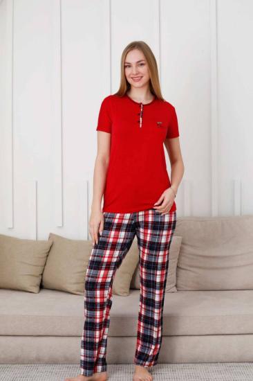 Kareli Kadın Pijama Takımı - 3 Düğme Kısa Kol Likralı Viskon  2848KY
