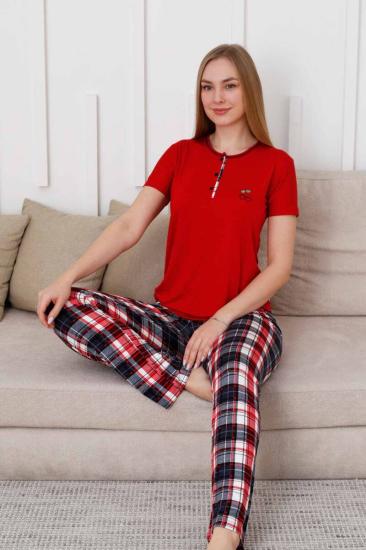 Kareli Kadın Pijama Takımı - 3 Düğme Kısa Kol Likralı Viskon  2848KY