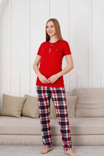 Kareli Kadın Pijama Takımı - 3 Düğme Kısa Kol Likralı Viskon  2848KY