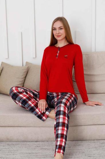Kareli Kadın Pijama Takımı - 3 Düğme Uzun Kol Likralı Viskon  2848UY