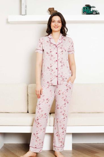 Önden Düğmeli Kadın Pijama Takımı - Kısa Kol Likralı Rink Viskon 2844KY