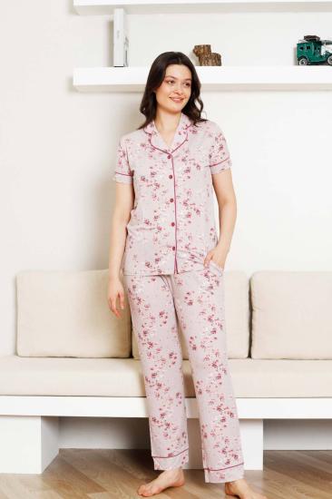 Önden Düğmeli Kadın Pijama Takımı - Kısa Kol Likralı Rink Viskon 2844KY