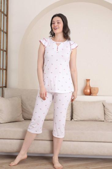 Desenli Kadın Pijama Takımı - Fırfırlı kol Likralı Viskon Bermuda 2840B