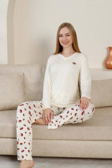 Mantar Desenli Kadın Pijama Takımı - Ekru V Yaka Likralı Viskon Uzun Kollu 2847UY