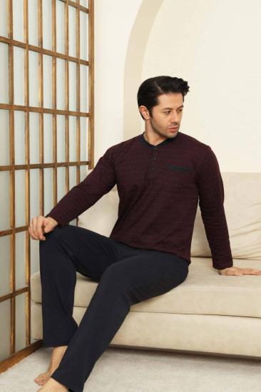 Mini Puantiyeli Erkek Pijama Takımı - Bordo  Uzun Kollu Likralı Penye 1213UY