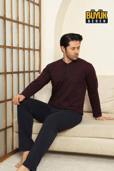 Mini Puantiyeli Erkek Pijama Takımı - Bordo  Büyük Beden Uzun Kollu Likralı Penye 1213UYB