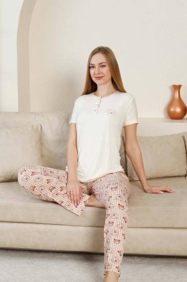 Ayıcık Desenli Kadın Pijama Takımı - Ekru Likralı Viskon Kısa Kollu 2849KY