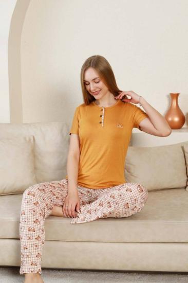 Ayıcık Desenli Kadın Pijama Takımı - Açık kahve Renk Likralı Viskon Kısa Kollu 2849KY