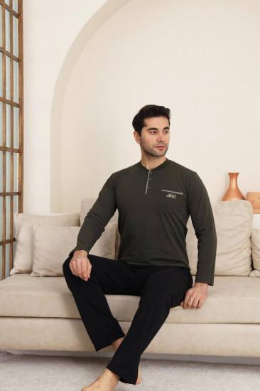 Erkek Pijama Takımı - Yeşil Arma Nakışlı Likralı Uzun Kollu Penye 1194UY