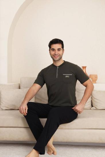 Erkek Pijama Takımı - Haki Arma Nakışlı Likralı Kısa Kollu Penye 1194KY