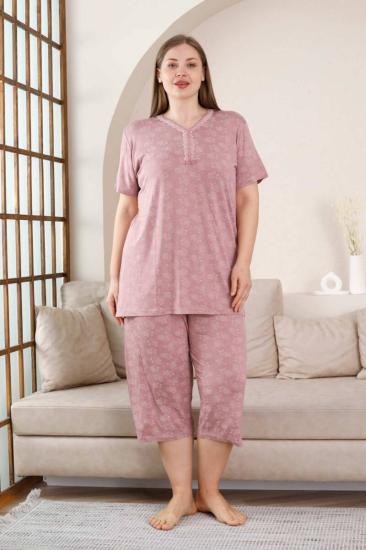 Büyük Beden Bermuda Bayan Pijama Takımı - Gülkurusu Çiçek Desen Likralı Viskon 2851BB