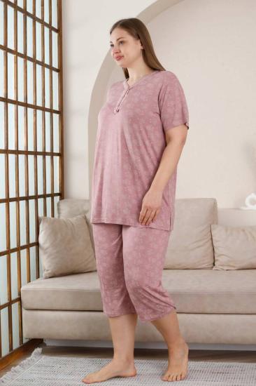 Büyük Beden Bermuda Bayan Pijama Takımı - Gülkurusu Çiçek Desen Likralı Viskon 2851BB