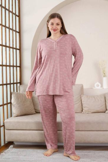 Büyük Beden Bayan Pijama Takımı - Gülkurusu Çiçek Desen Uzun Kol Likralı Viskon 2851UYB