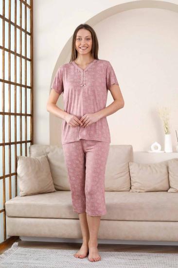 Bermuda Bayan Pijama Takımı - Gülkurusu Çiçek Desen Likralı Viskon 2851B