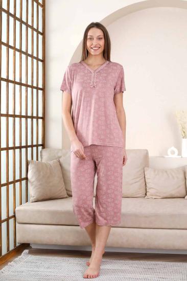 Bermuda Bayan Pijama Takımı - Gülkurusu Çiçek Desen Likralı Viskon 2851B