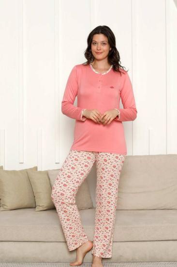 Bayan Pijama Takımı - Somon Çiçek Desen Uzun Kol Likralı Viskon 2846UY