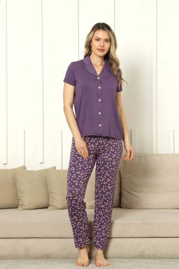 Önden Düğmeli Kadın Pijama Takımı - Mor Kısa Kol Likralı Rink Viskon 2854KY