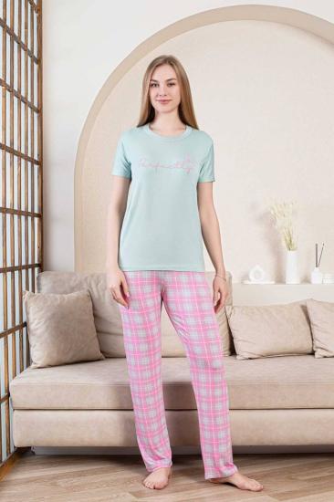 Ekoseli Kadın Pijama Takımı - Perfectly Yeşil Kısa Kollu Likralı Bambu 2856KY