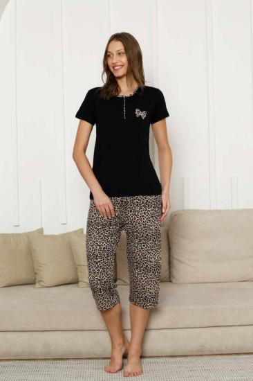 Leopar desenli Kadın Pijama Takımı - Fiyonk Nakışlı Kapri Likralı 2805B