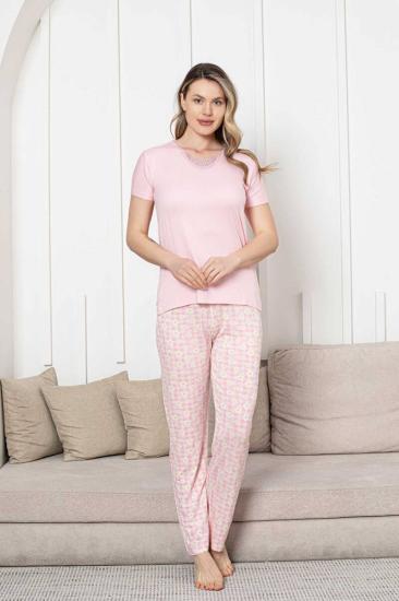Bayan Pijama Takımı - Pembe Papatya Desen Kısa Kol Likralı Viskon 2852KY