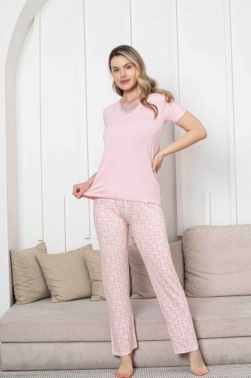 Bayan Pijama Takımı - Pembe Papatya Desen Kısa Kol Likralı Viskon 2852KY