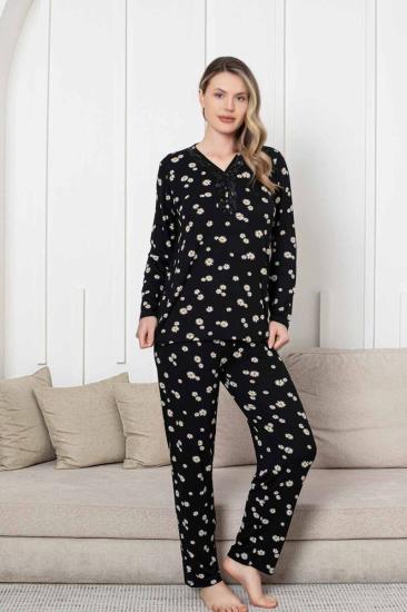 Bayan Pijama Takımı - Siyah Papatya Desen Uzun Kol Likralı Viskon 2855UY