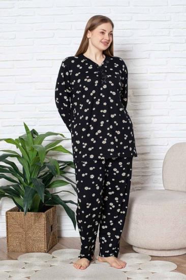 Bayan Büyük Beden Pijama Takımı - Siyah Papatya Desen Uzun Kol Likralı Viskon 2855UYB