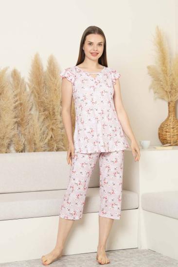 Desenli Kadın Pijama Takımı - Bahar Çiçekleri Fırfırlı kol Likralı Viskon Bermuda 2840B